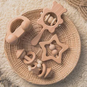 HI BABY MONMENT Wooden Baby Toys Set, Wooden Rattle Set,4PC Handmade Wood Toys,Baby Wooden Toys 36  Months,Montessori Toys with Wood Car Baby Rattles,for Boys and Girls