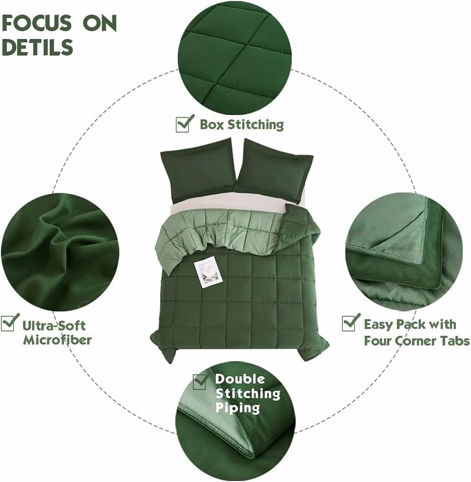 HIG 3pc Green Queen Size Comforter Set - All Season Reversible Down Alternative Comforter with Two Shams - Quilted Duvet Insert with Corner Tabs - Box Stitched Blanket - Breathable, Soft, Fluffy
