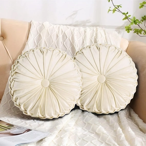 HIG Set of 2 Decorative Round Pleated Throw Pillows,Classy Accent Pumpkin Throw Pillows with Center Button,Vintage Velvet Floor Pillows for Sofa Vanity Chair Bed, Beige,14.6" Diameter(Ripple)