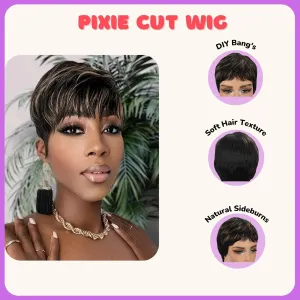 Highlight Blonde Pixie Cut Wig Human Hair, Short Pixie Wigs for Black Women Glueless Wig,Straight Human Hair Wigs For Black Women (Highlight Brown)