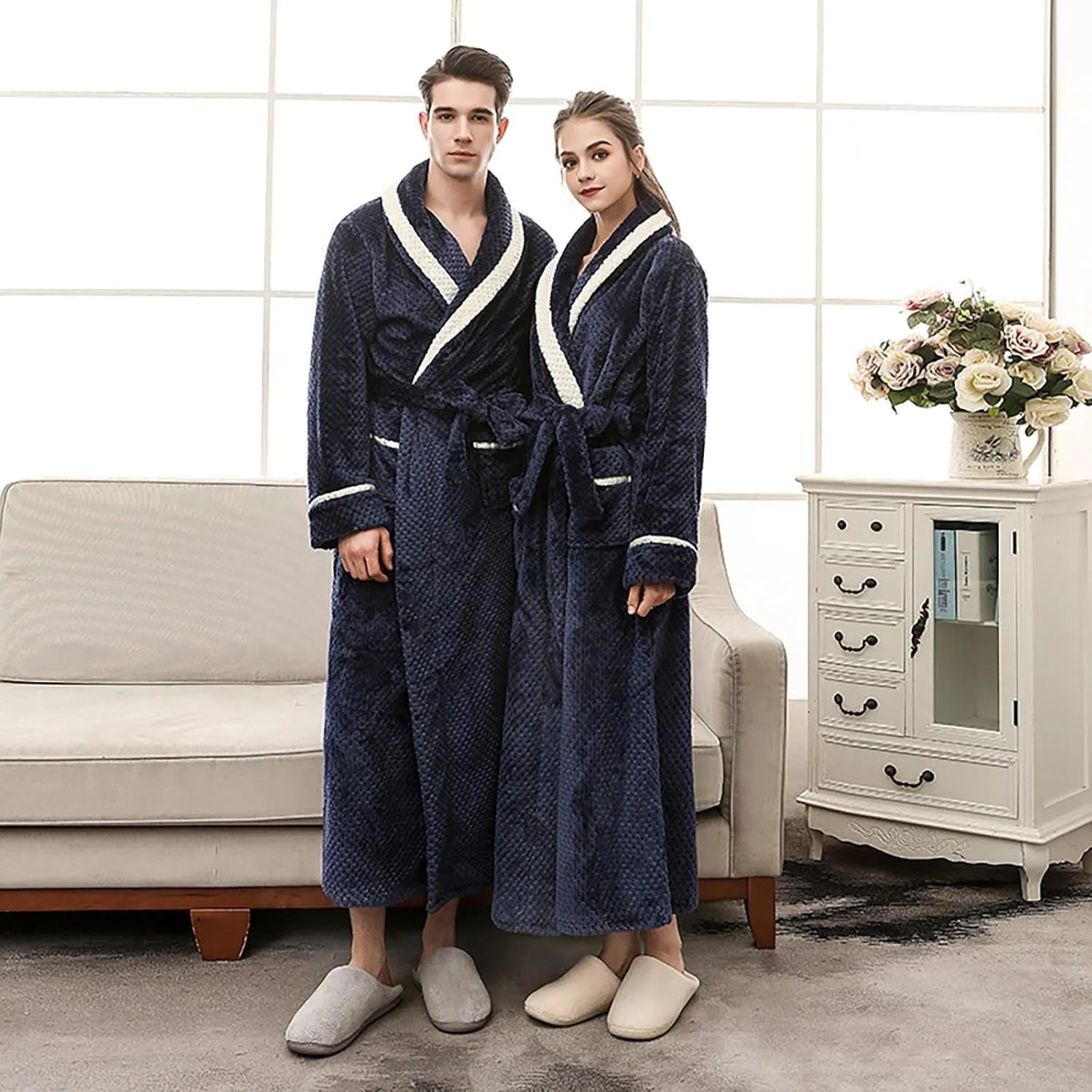 His and Hers Robes Flannel Long Length Matching Robes for Couples Warm Thickened Bathrobe Plus Size Shower Robe
