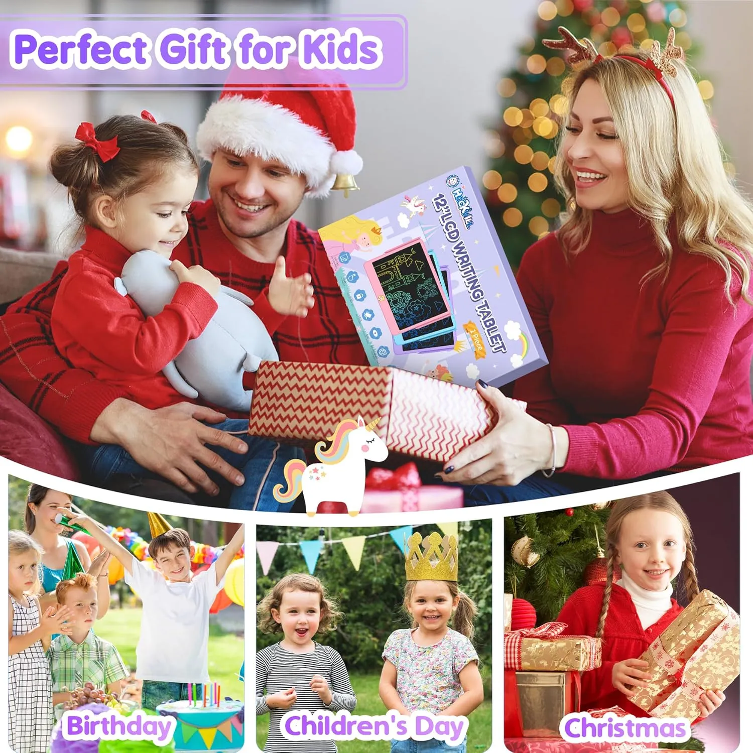 Hockvill LCD Writing Tablet for Kids 12 Inch, Kids Learning Toys Drawing Pad for Girls Boys, Unicorn Doodle Board for Toddlers 3 4 5 6 7 8 Year Old Travel Essentials, Christmas Birthday for Kids
