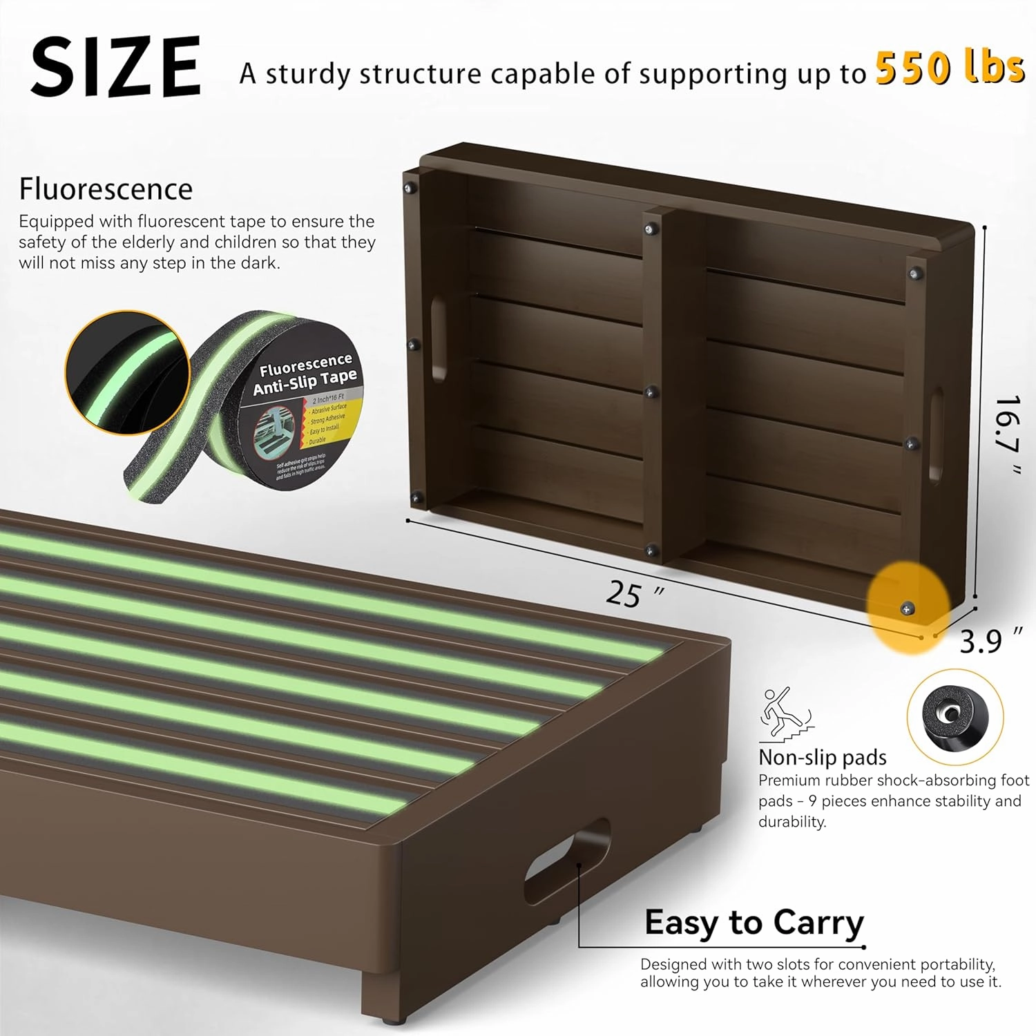 Homerays One Step Stool for Elderly,Bamboo High Riser Step Stool for Bed with Fluorescent Function No Assembly Required - 550 Lbs Wooden Mobility Stepping Stool for Bedside,Bathroom,Garden (Brown)