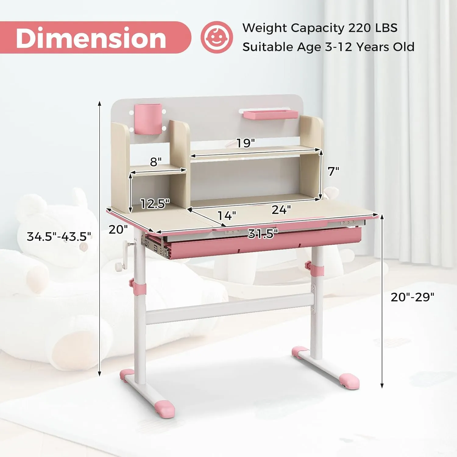 HONEY JOY Kids Desk, Children School Study Desk w/ 7-Level Tiltable Desktop, Height Adjustable Table w/Bookshelf, Pull-Out Drawer & Pen Holder, Student Writing Workstation, Desk for Girls Boys (Pink)