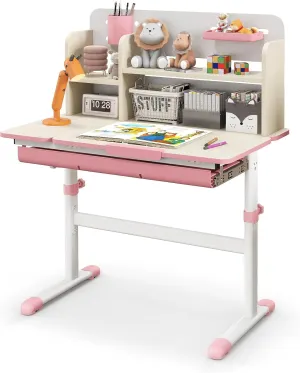 HONEY JOY Kids Desk, Children School Study Desk w/ 7-Level Tiltable Desktop, Height Adjustable Table w/Bookshelf, Pull-Out Drawer & Pen Holder, Student Writing Workstation, Desk for Girls Boys (Pink)