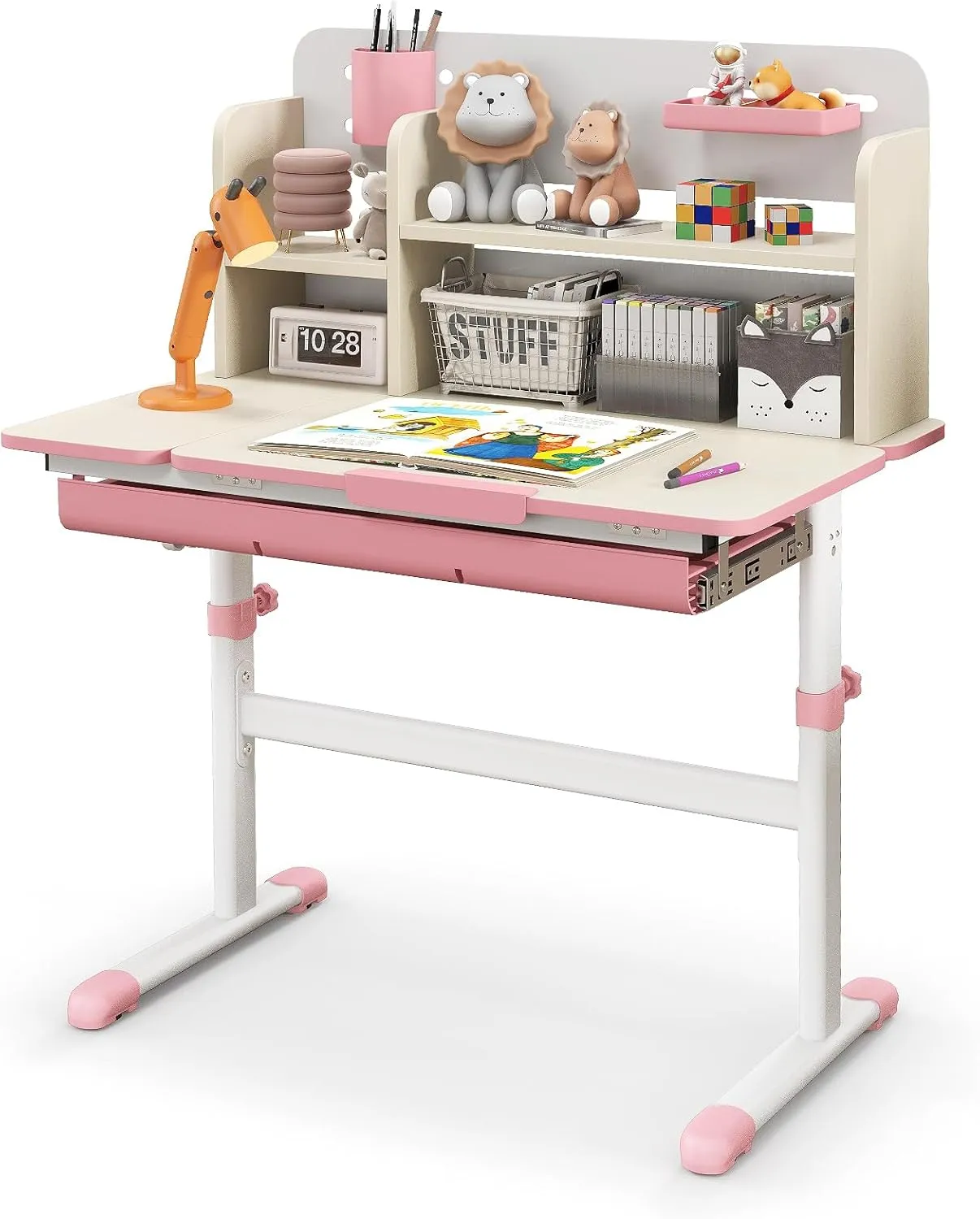 HONEY JOY Kids Desk, Children School Study Desk w/ 7-Level Tiltable Desktop, Height Adjustable Table w/Bookshelf, Pull-Out Drawer & Pen Holder, Student Writing Workstation, Desk for Girls Boys (Pink)