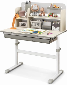HONEY JOY Kids Desk, Children School Study Desk w/ 7-Level Tiltable Desktop, Height Adjustable Table w/Bookshelf, Pull-Out Drawer & Pen Holder, Student Writing Workstation, Desk for Girls Boys (Gray)