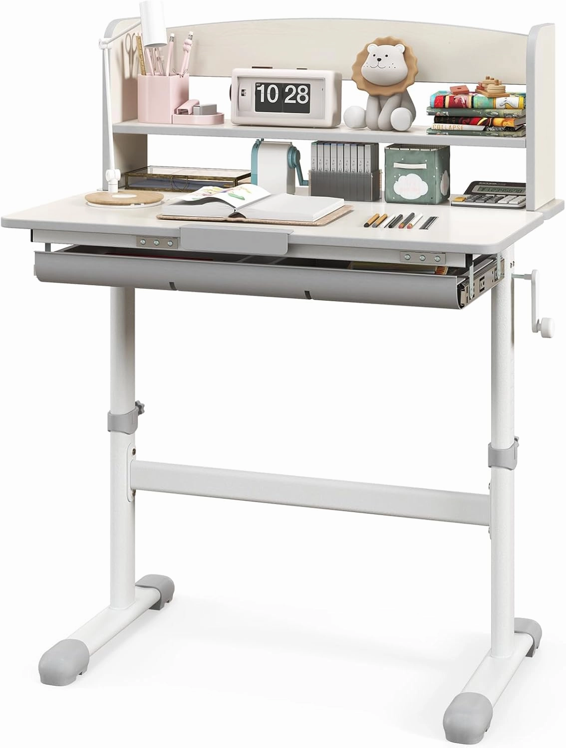 HONEY JOY Kids Desk, Children School Study Desk w/ 7-Level Tiltable Desktop, Height Adjustable Wooden Table w/Bookshelf & Pull-Out Drawer, Student Writing Workstation, Desk for Girls Boys (Gray)