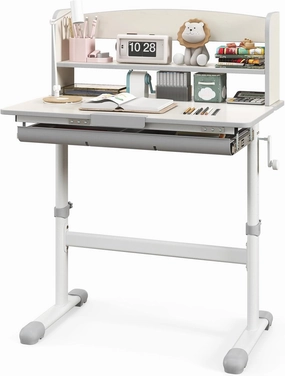 HONEY JOY Kids Desk, Children School Study Desk w/ 7-Level Tiltable Desktop, Height Adjustable Wooden Table w/Bookshelf & Pull-Out Drawer, Student Writing Workstation, Desk for Girls Boys (Gray)