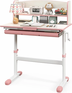 HONEY JOY Kids Desk, Children School Study Desk w/ 7-Level Tiltable Desktop, Height Adjustable Wooden Table w/Bookshelf & Pull-Out Drawer, Student Writing Workstation, Desk for Girls Boys (Pink)