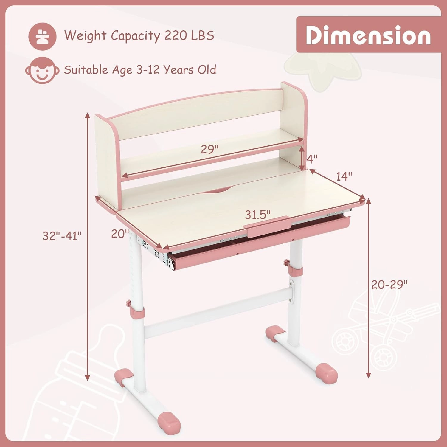 HONEY JOY Kids Desk, Children School Study Desk w/ 7-Level Tiltable Desktop, Height Adjustable Wooden Table w/Bookshelf & Pull-Out Drawer, Student Writing Workstation, Desk for Girls Boys (Pink)