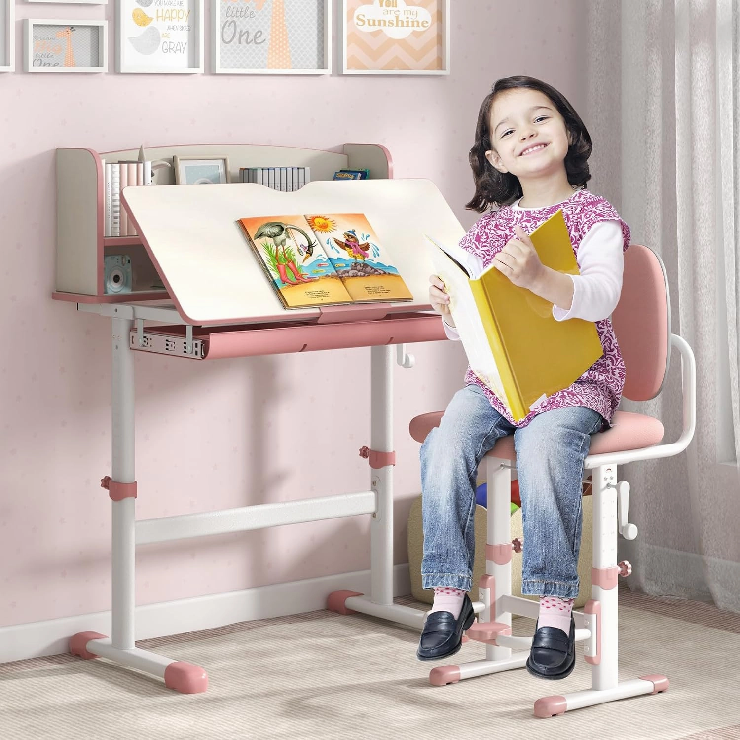 HONEY JOY Kids Desk, Children School Study Desk w/ 7-Level Tiltable Desktop, Height Adjustable Wooden Table w/Bookshelf & Pull-Out Drawer, Student Writing Workstation, Desk for Girls Boys (Pink)
