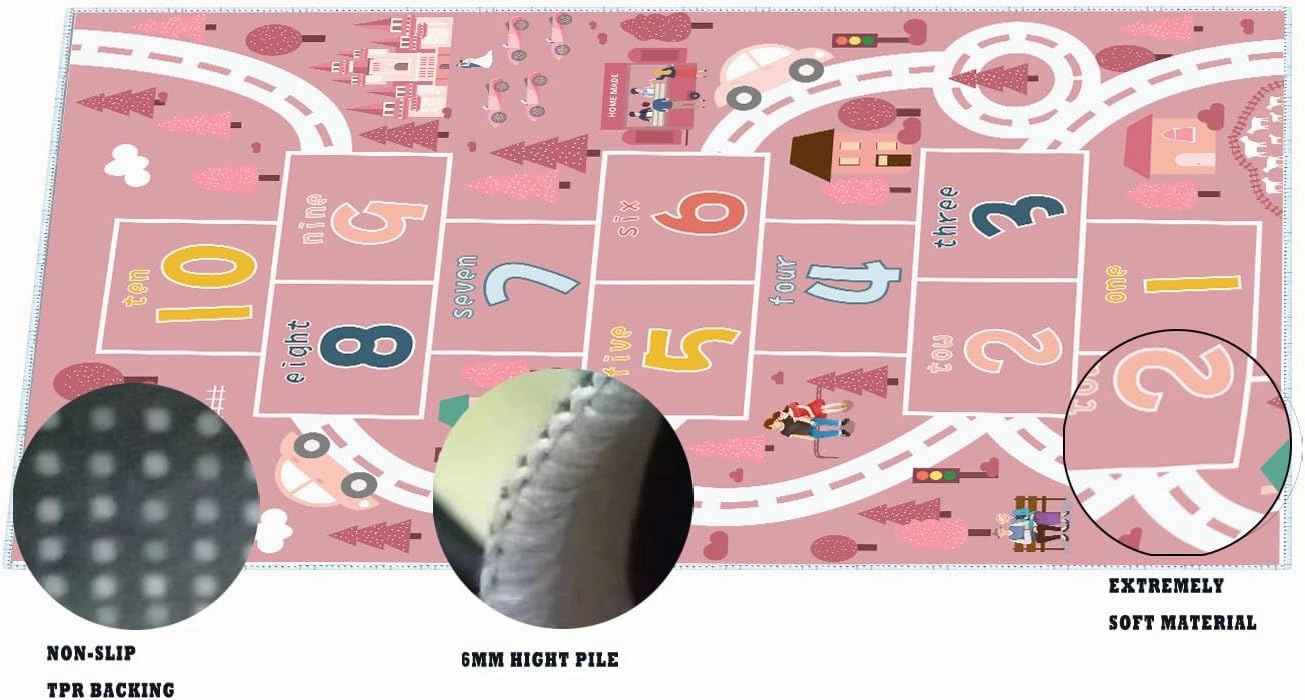 Hopscotch Rugs for Kids, Kid Rug for Bedroom, Playroom Rug for Kids Toy Cars, Nursery Rug for Teaching Toddler(Pink, 3' x 5')