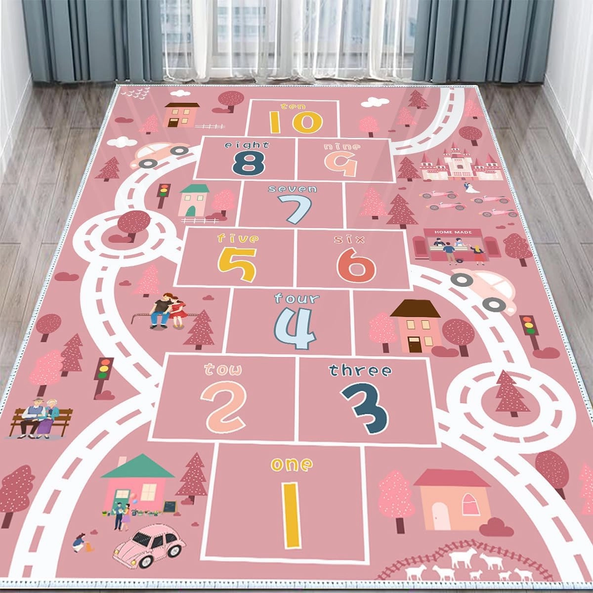 Hopscotch Rugs for Kids, Kid Rug for Bedroom, Playroom Rug for Kids Toy Cars, Nursery Rug for Teaching Toddler(Pink, 3' x 5')