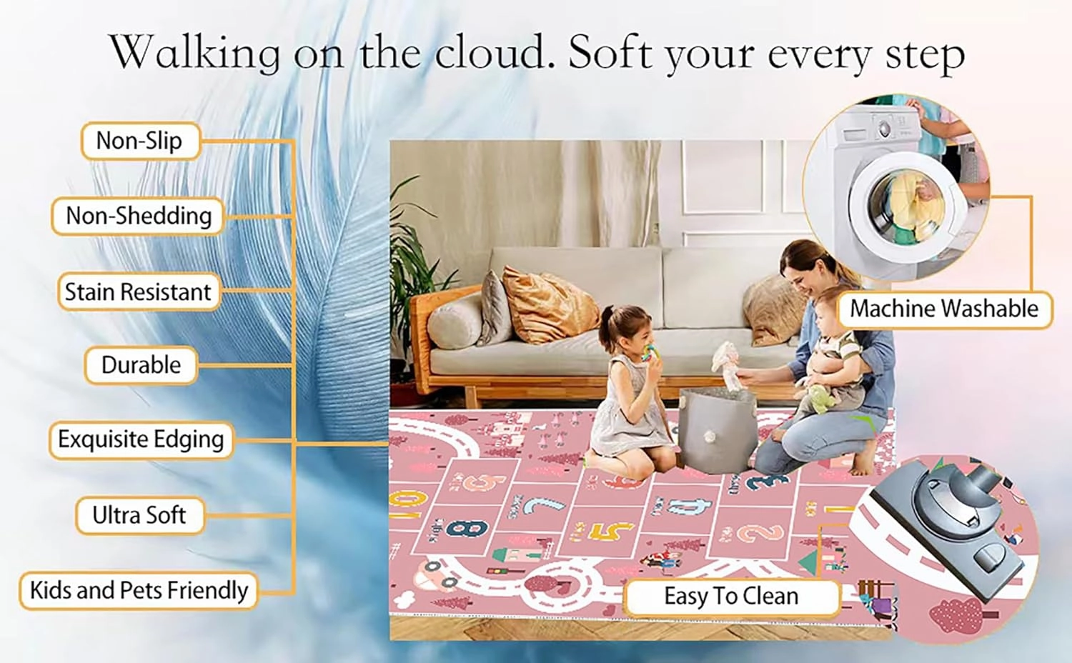 Hopscotch Rugs for Kids, Kid Rug for Bedroom, Playroom Rug for Kids Toy Cars, Nursery Rug for Teaching Toddler(Pink, 3' x 5')