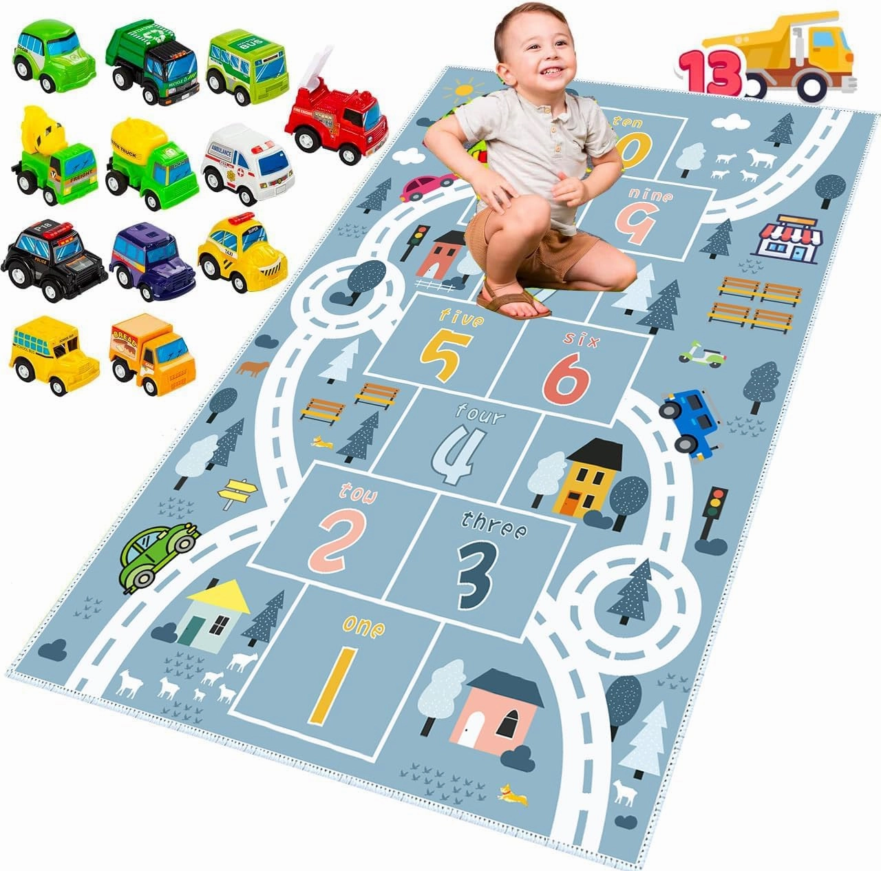 Hopscotch Rugs for Kids, Kid Rug for Bedroom,Road Rug, Playroom Rug for Kids Toy Cars, Nursery Rug for Teaching Toddler (Blue, 4' x 6')