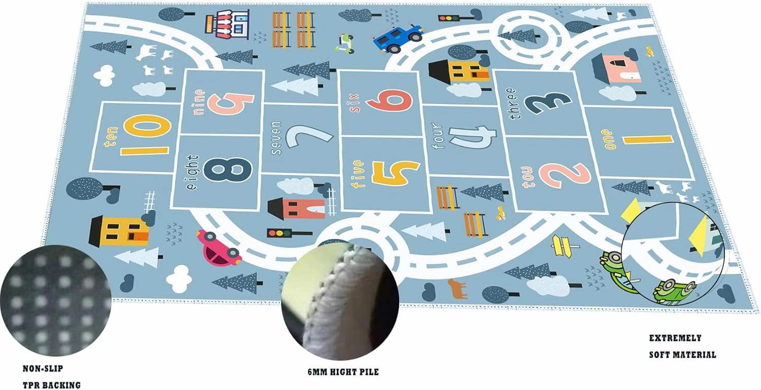 Hopscotch Rugs for Kids, Kid Rug for Bedroom,Road Rug, Playroom Rug for Kids Toy Cars, Nursery Rug for Teaching Toddler (Blue, 4' x 6')