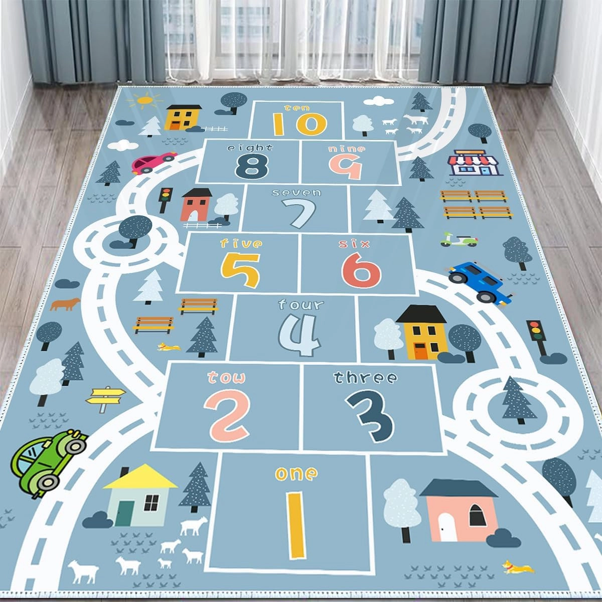Hopscotch Rugs for Kids, Kid Rug for Bedroom,Road Rug, Playroom Rug for Kids Toy Cars, Nursery Rug for Teaching Toddler (Blue, 4' x 6')