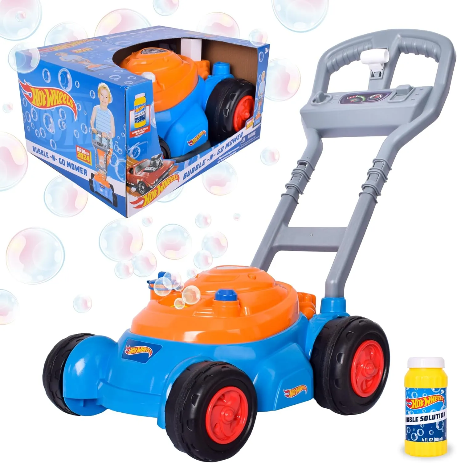 Hot Wheels™ Bubble Lawn Mower for Toddlers, Bubble Blowing Machines, Indoor/Outdoor Gardening Toy, Birthday Gift for Prechool Girls and Boys, No Batteries Required, Includes Bubble Solution, 2 