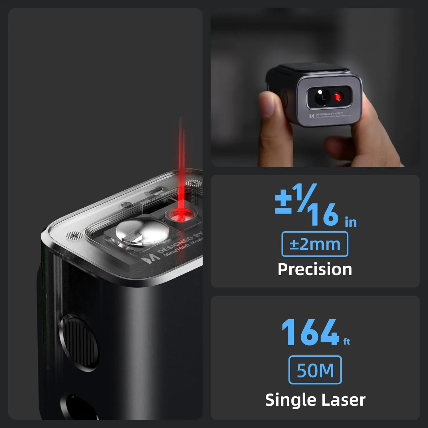HOZO M-Cube Laser Measuring Tool,164ft/50m,±1/16 inch Accuracy,Rechargeable Modular Laser Measurement Tool for Area,Volume,Pythagorean,Big Number LCD Display | Bluetooth App,Small Laser Tape Measure