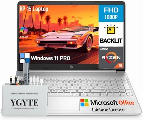 HP 15 Inch Laptop Computer, 15.6" FHD AMD Ryzen 5 Laptop with Lifetime Microsoft Office, Windows 11 Pro, 32GB RAM 1TB SSD 512GB Docking Set, Backlit Keyboard, 10-Key Number Pad
