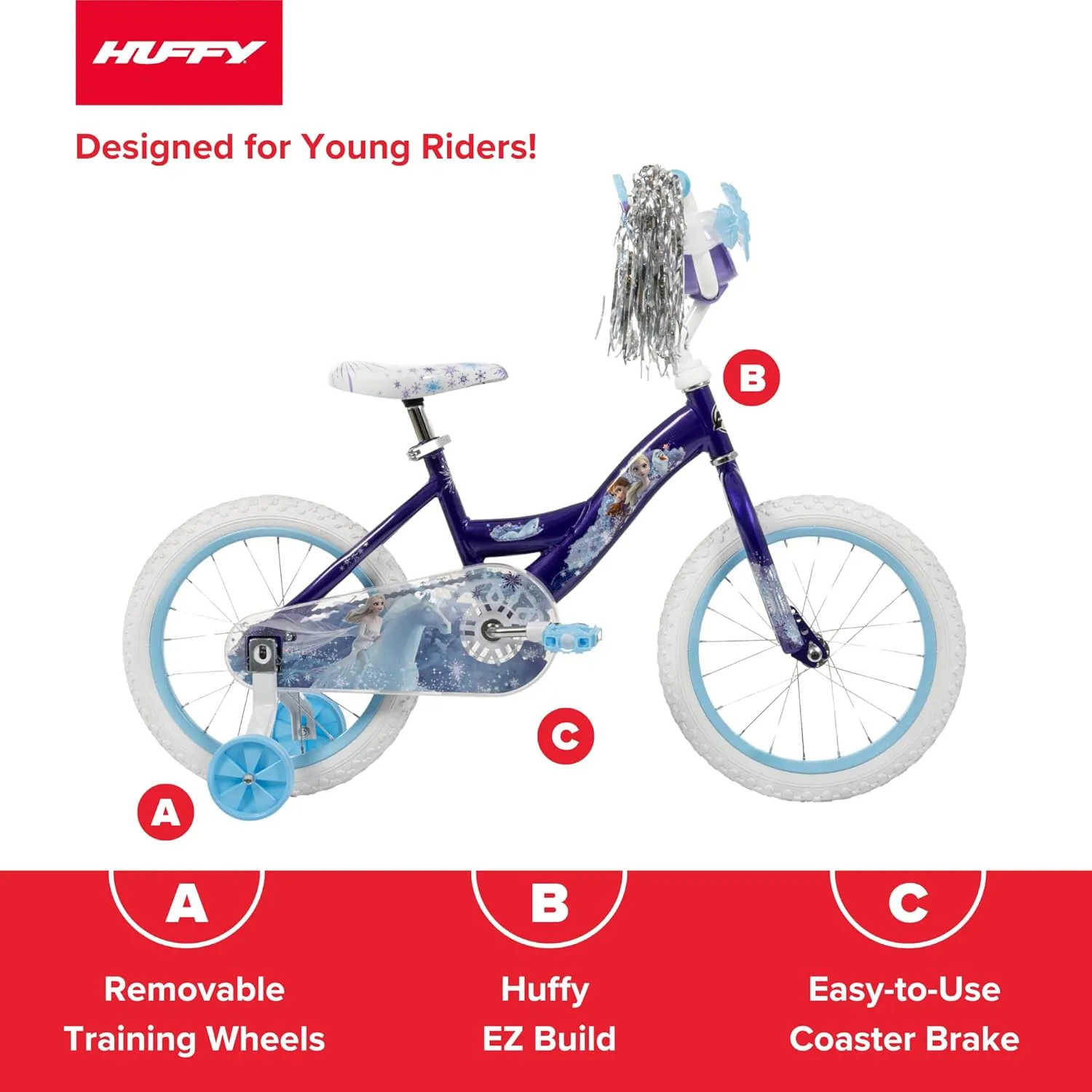 Huffy Disney Girls' Bikes, 12/16 Inch Sizes, Ages 3  Years Old, Disney Princess, Minnie Mouse, Frozen Bicycles, Characters, Removable Training Wheels, Streamers, Easy Assembly, Durable, Safe
