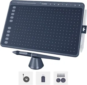 HUION HS611 Graphics Drawing Tablet Android Support Digital Art Tablet with Battery-Free Stylus 8192 Pen Pressure Tilt 8 Multimedia Keys 10 Hot Keys and Touch Ring, 10x6 inch Drawing Pad, Space Grey