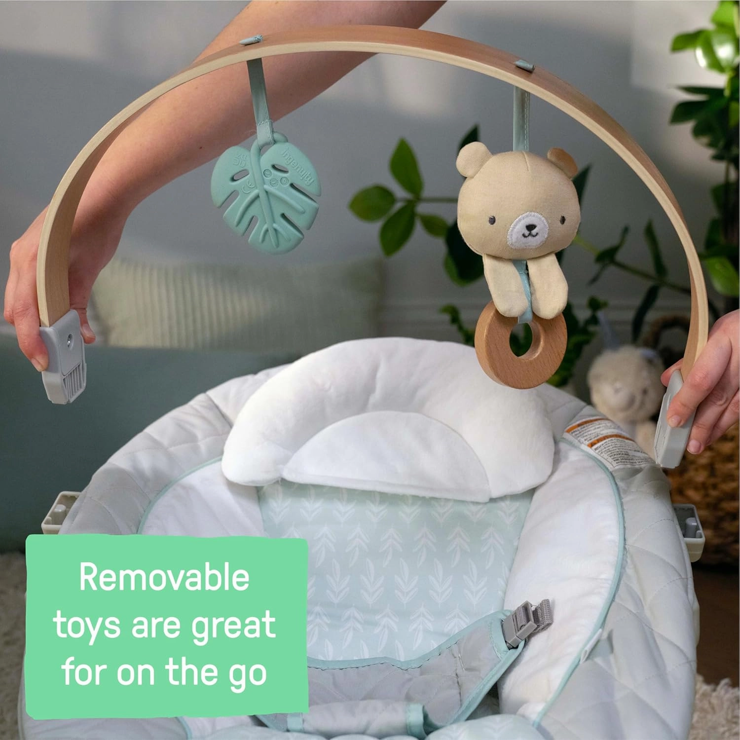 Ingenuity Cozy Spot Soothing Baby Bouncer with Wooden-Toy Arch, Natural Rubber-Toy, Safety Harness, Music & Auto-Shutoff, 0-6 Months, Grey