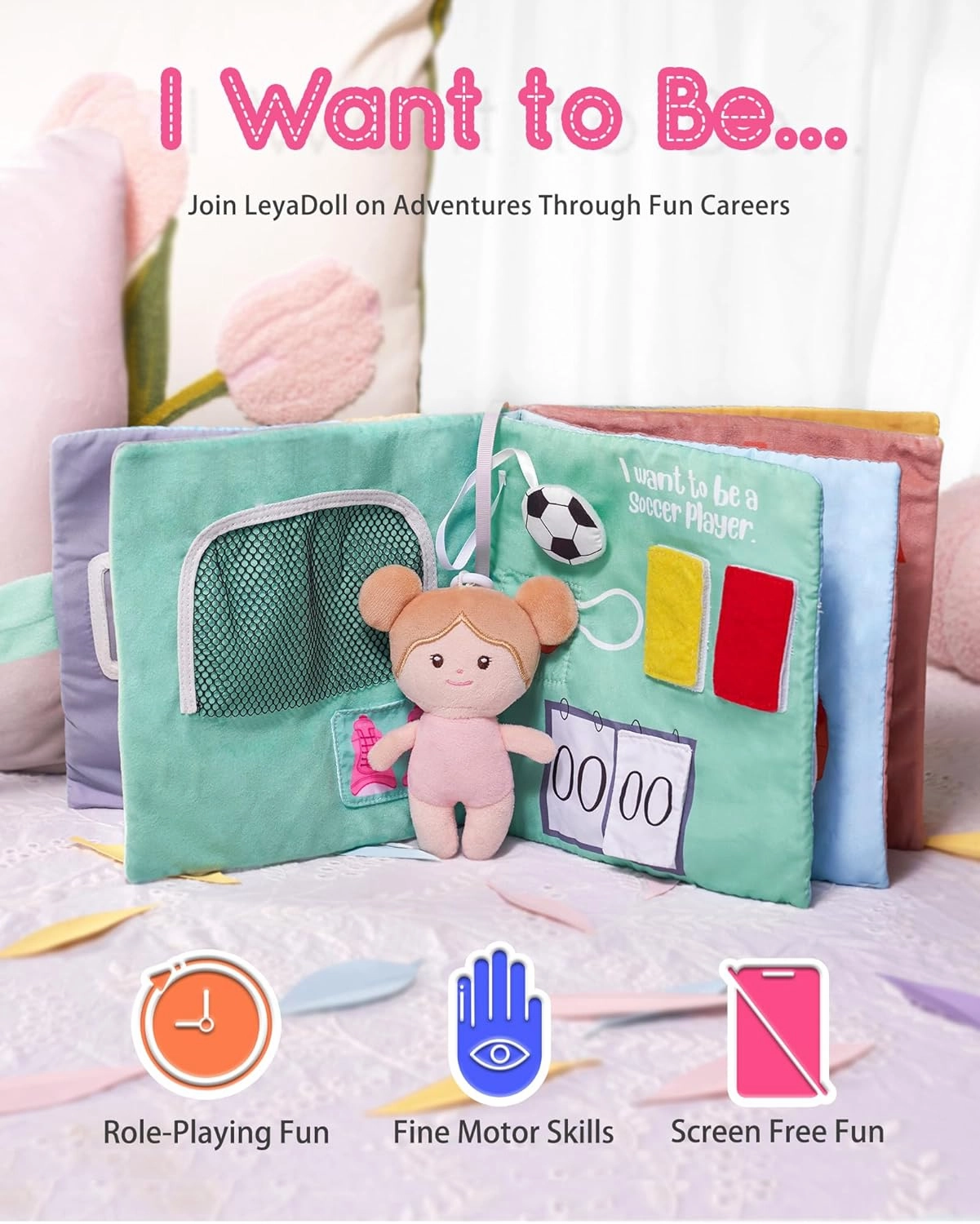Interactive Sensory Soft Cloth Book, Educational Crinkle Quiet Activity Busy Book for Babies,Toddler Travel Toy Gift for Boys and Girls (I Want to Be)