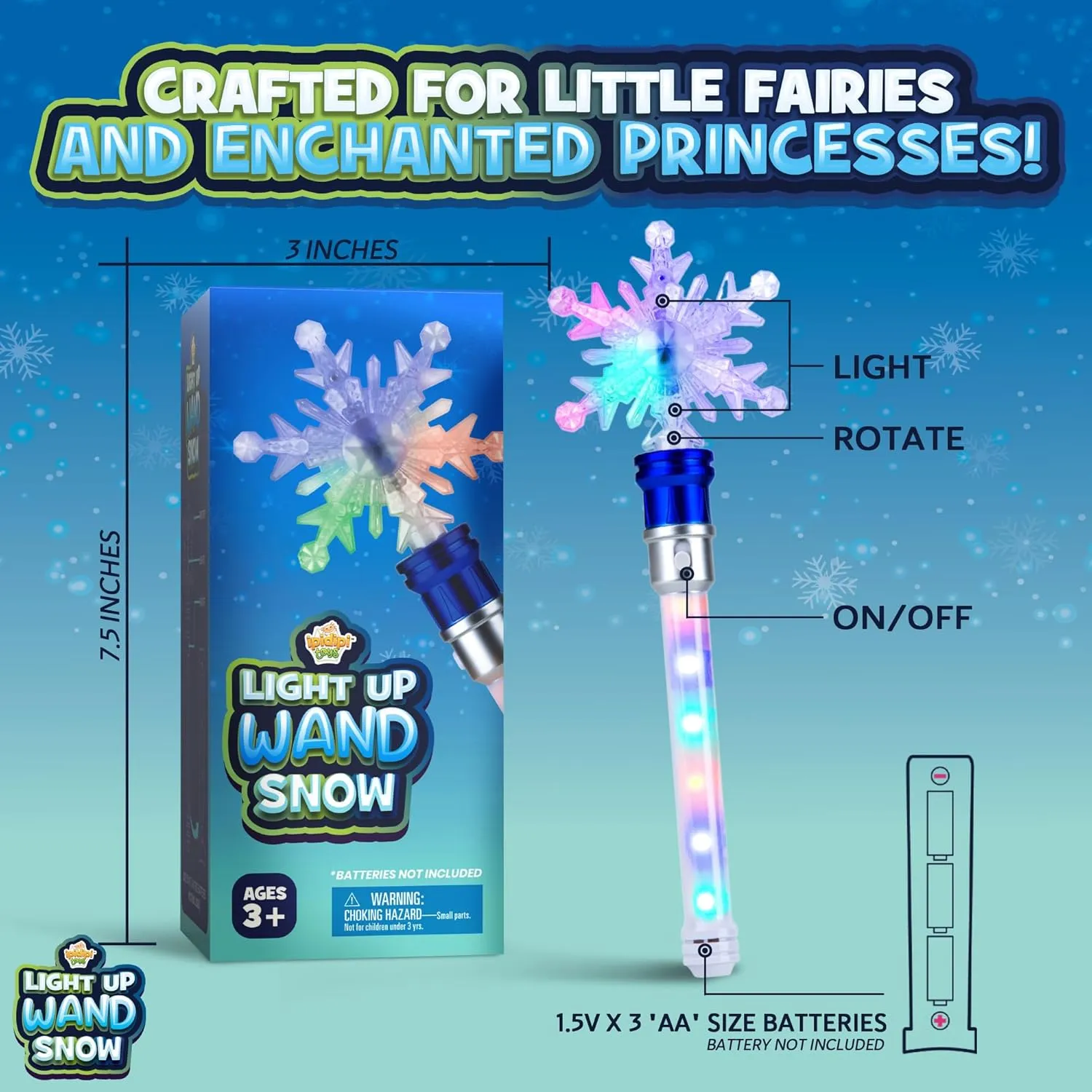 IPIDIPI TOYS Snowflake Wand - Spinning Light Up Magic Wand for Kids, Princess Fairy, Easter Basket Stuffers, Gifts for Girls and Toddlers, Pretend Play Toys