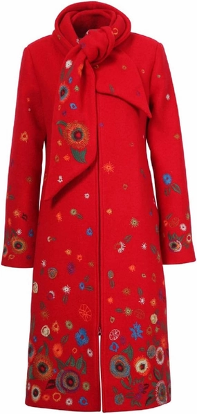 IVKO Boiled Wool Coat with Embroidery in Red