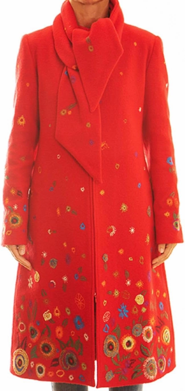 IVKO Boiled Wool Coat with Embroidery in Red