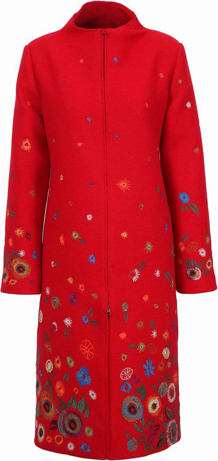 IVKO Boiled Wool Coat with Embroidery in Red