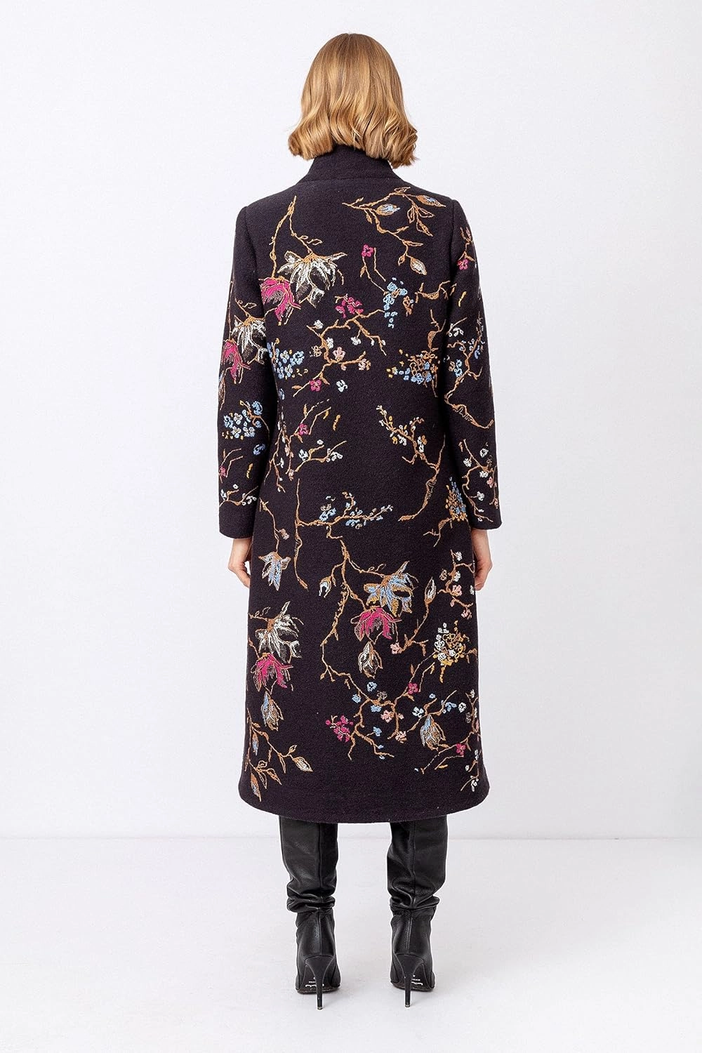 IVKO Boiled Wool Japanese Cherry Blossom Floral Embroidery Coat in Black Extrafine Merino Wool Winter Jacket Peacoat Trench
