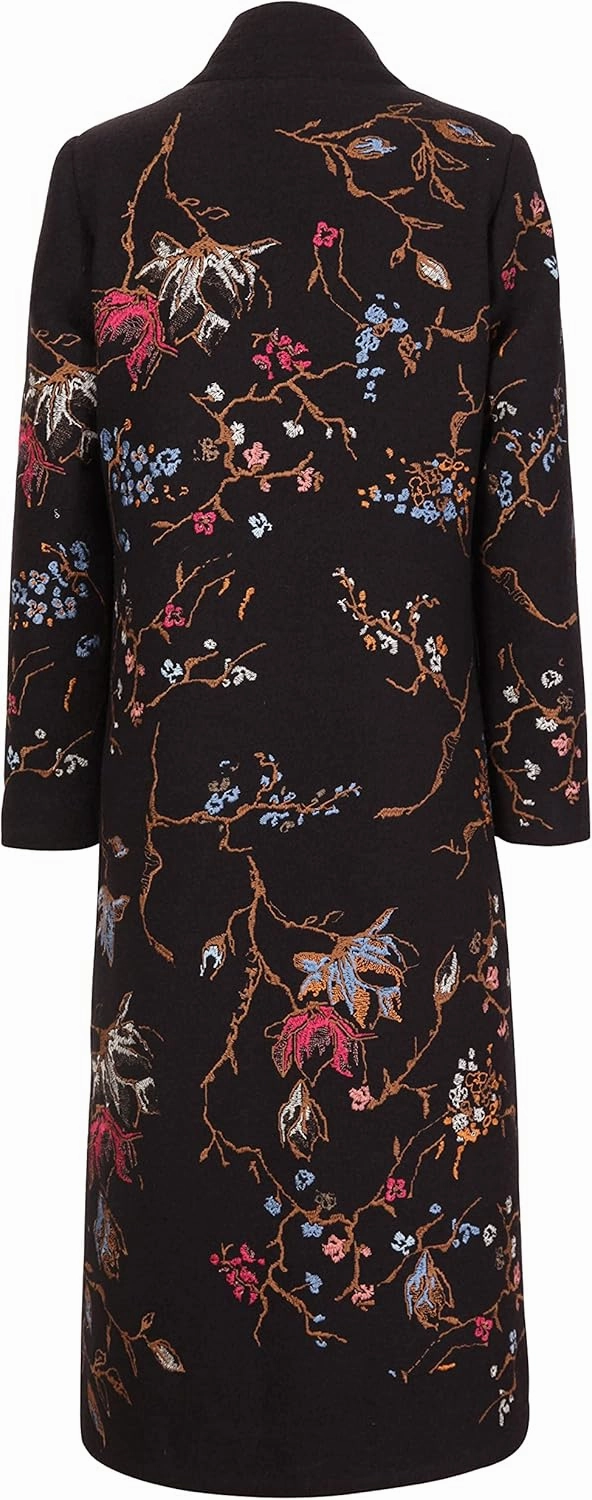 IVKO Boiled Wool Japanese Cherry Blossom Floral Embroidery Coat in Black Extrafine Merino Wool Winter Jacket Peacoat Trench