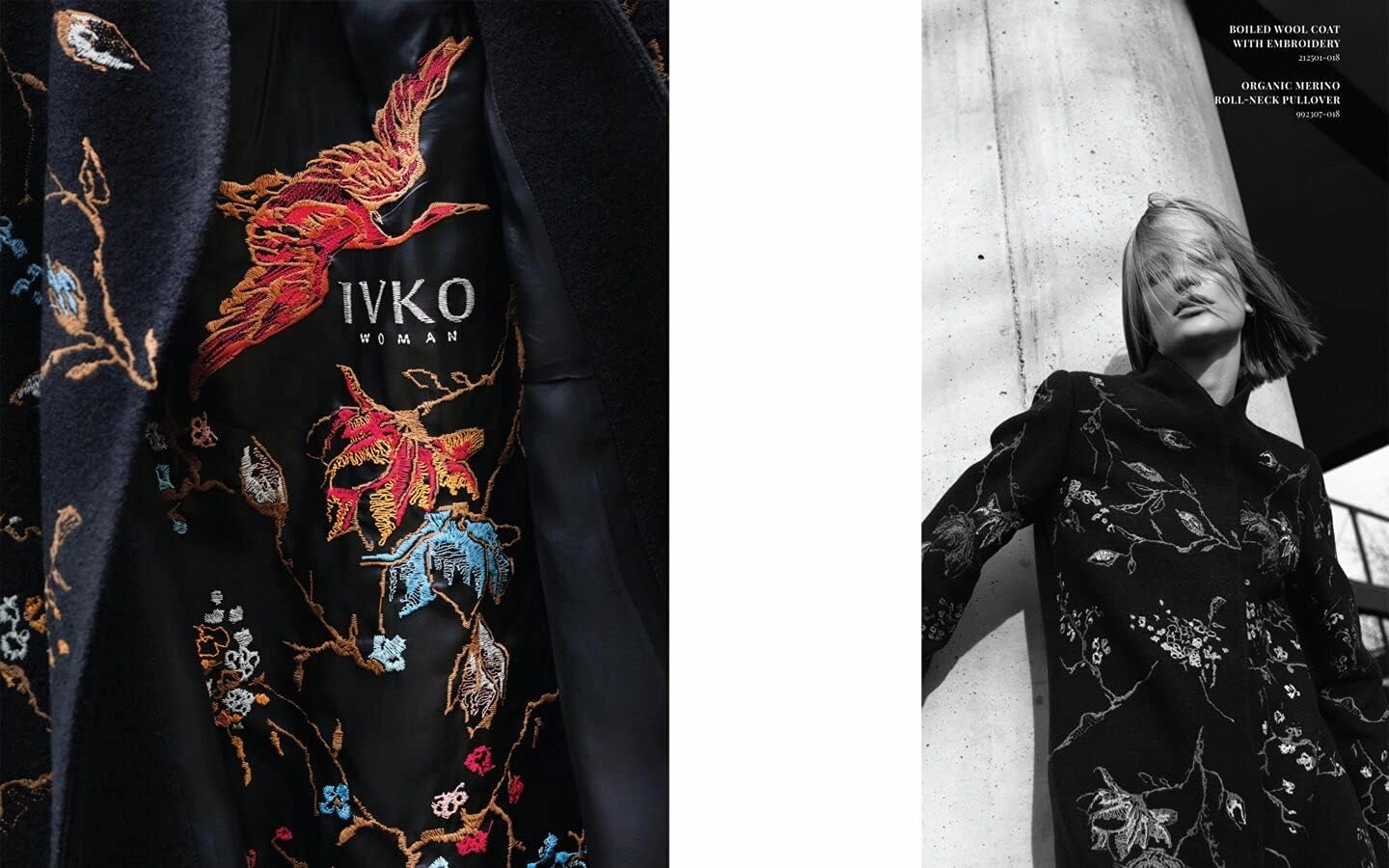 IVKO Boiled Wool Japanese Cherry Blossom Floral Embroidery Coat in Black Extrafine Merino Wool Winter Jacket Peacoat Trench