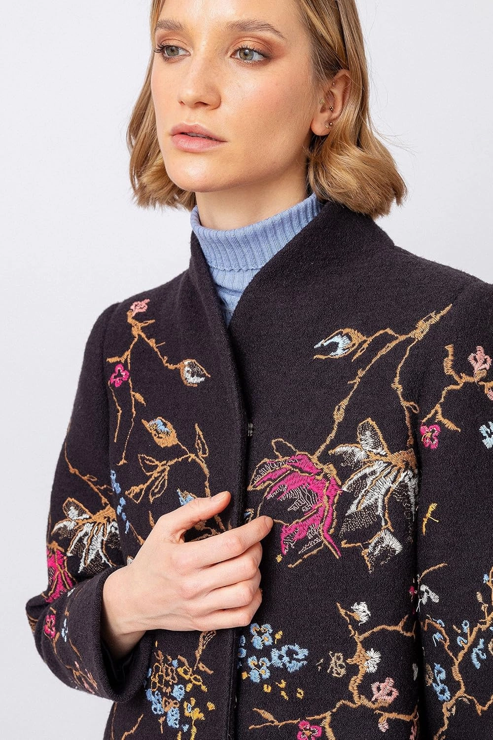 IVKO Boiled Wool Japanese Cherry Blossom Floral Embroidery Coat in Black Extrafine Merino Wool Winter Jacket Peacoat Trench