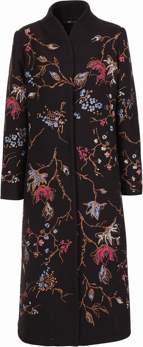 IVKO Boiled Wool Japanese Cherry Blossom Floral Embroidery Coat in Black Extrafine Merino Wool Winter Jacket Peacoat Trench