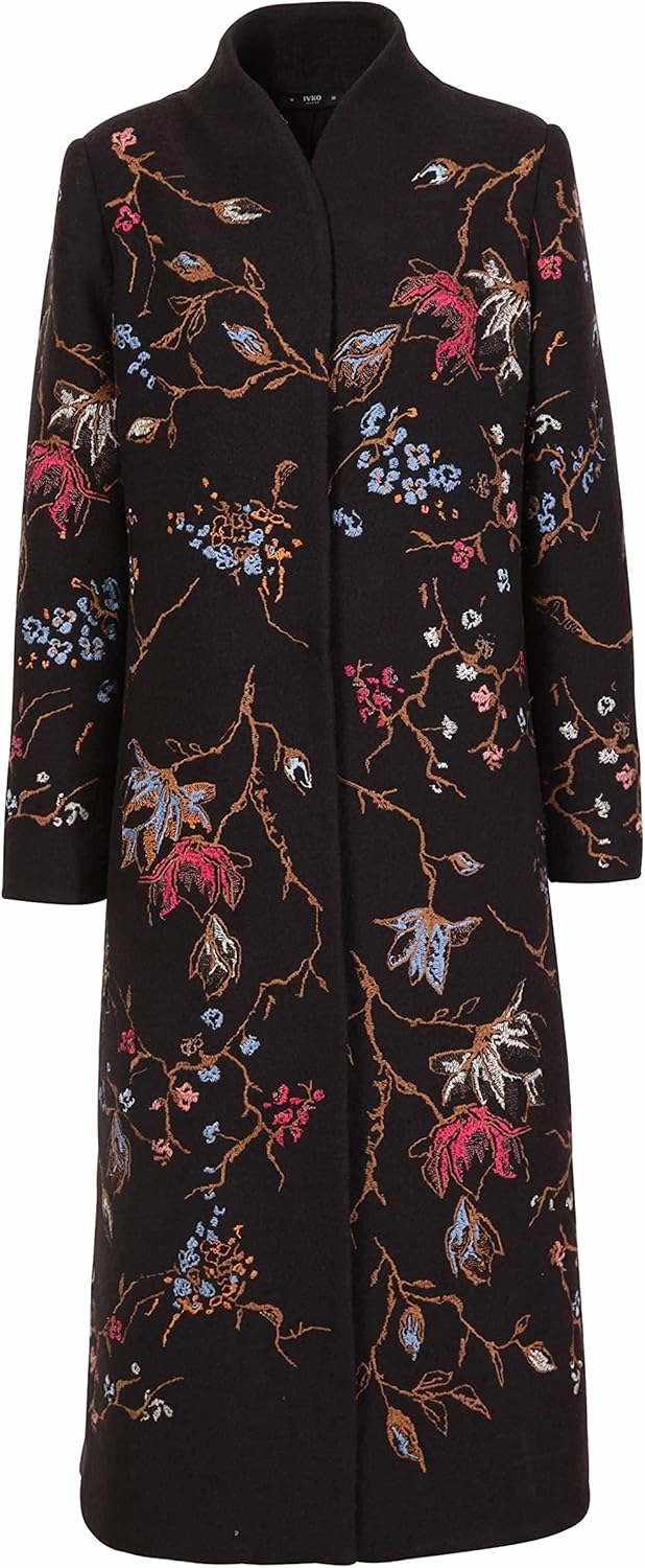 IVKO Boiled Wool Japanese Cherry Blossom Floral Embroidery Coat in Black Extrafine Merino Wool Winter Jacket Peacoat Trench