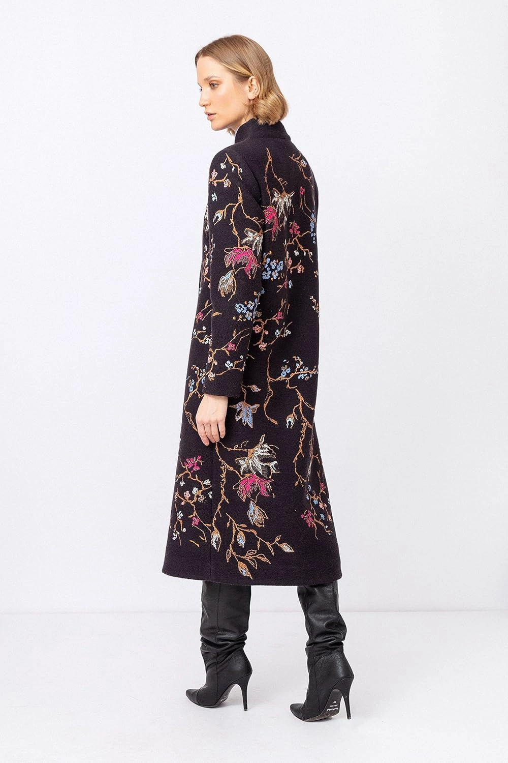 IVKO Boiled Wool Japanese Cherry Blossom Floral Embroidery Coat in Black Extrafine Merino Wool Winter Jacket Peacoat Trench