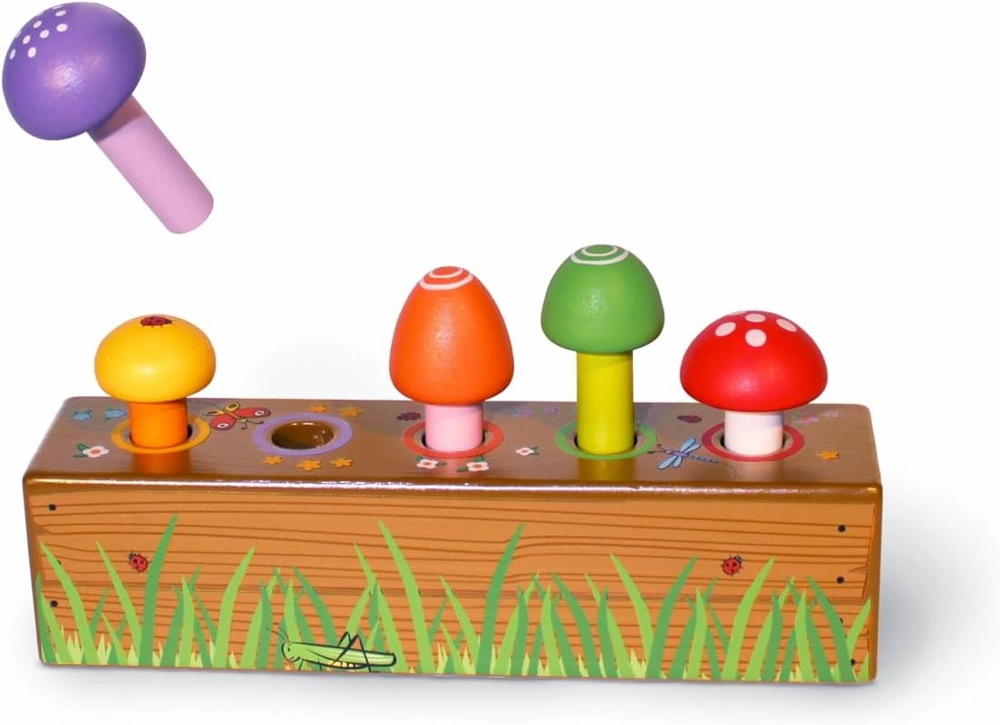 Jack Rabbit Creations Bouncy Mushroom Sorting Toy Interactive Wooden Montessori Sensory Toy for Toddlers- Educational Shape Sorting & Spring Back Fun for Kids 3 Years  