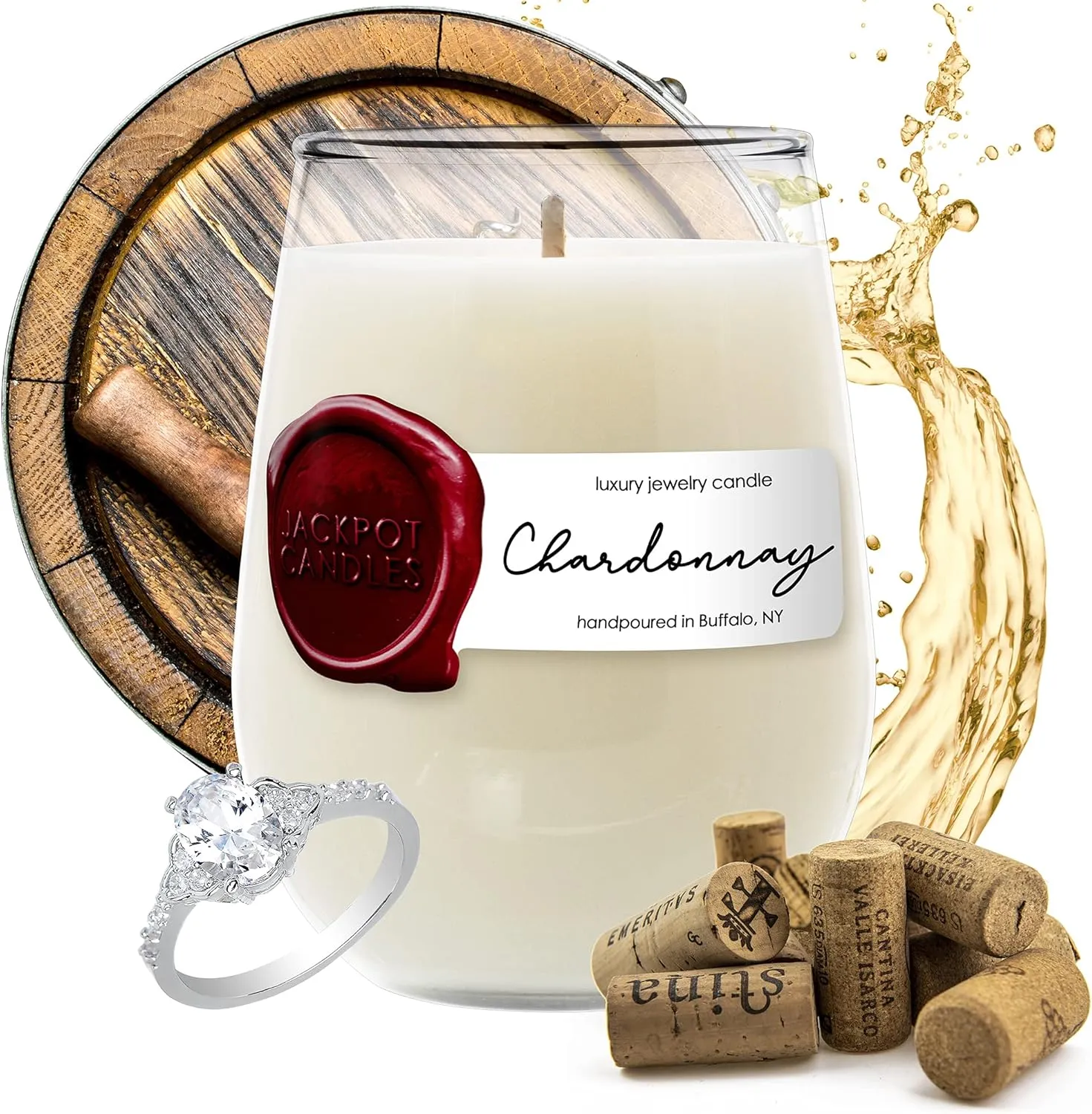 Jackpot Candles Chardonnay Wine Glass Candle with Ring Inside (Surprise Jewelry Valued at 15 to 5,000 Dollars) Ring Size 7