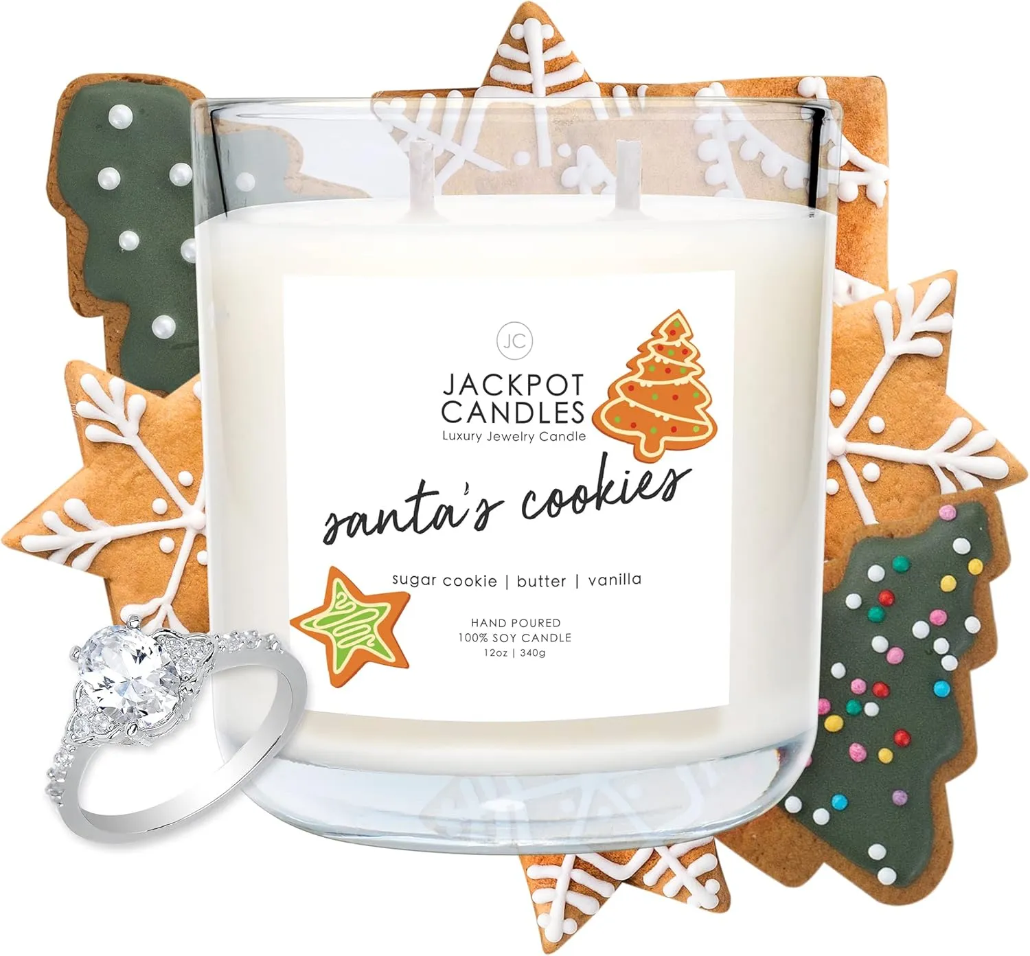 Jackpot Candles Christmas Santas Cookies Candle with Ring Inside (Surprise Jewelry Valued at 15 to 5,000 Dollars) Ring Size 6