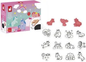 Janod - Stampinoo Unicorn Set - 15 Foam Stamps and 1 Ink Pad Suitable for Small Hands - Children’s Arts & Crafts - Fine Motor Skills and Creativity - 3 Years   - J07722