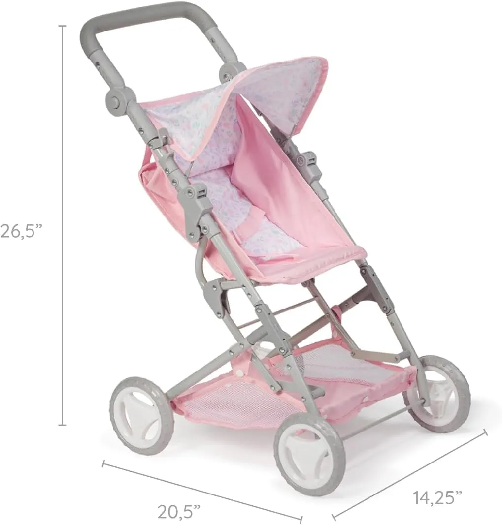 JC Toys - Berenguer Boutique | Fashionable Stroller with Canopy and Storage | Simple Folding |Pink Floral Collection | for Dolls up to 18" | Ages 3 
