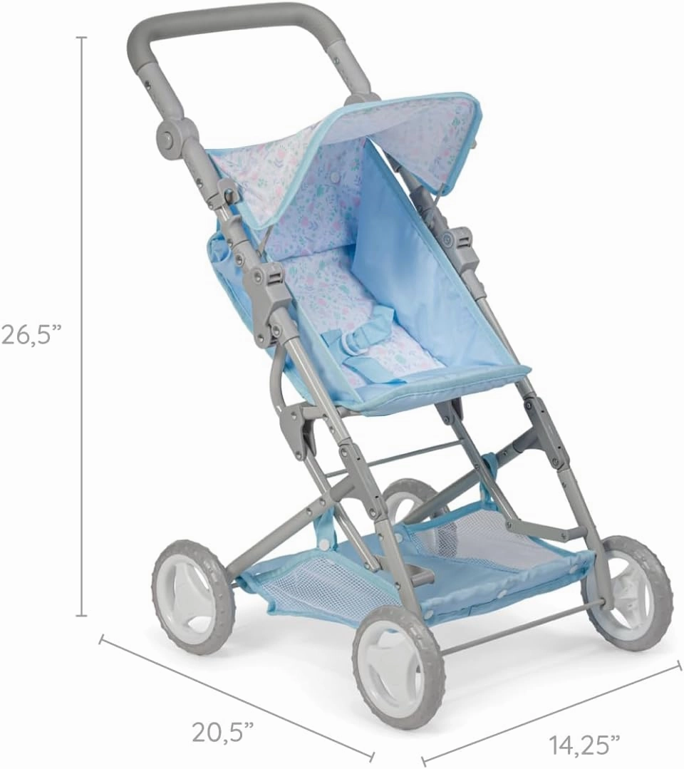 JC Toys - Berenguer Boutique | Fashionable Stroller with Canopy and Storage | Simple Folding |Blue Accessory Collection | for Dolls up to 18" | Ages 3 