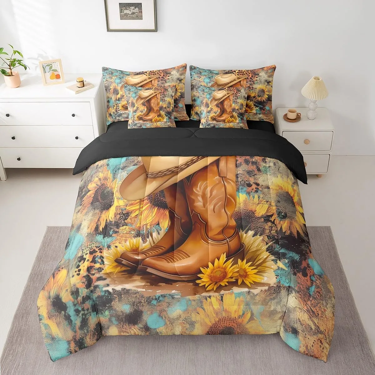 jejeloiu Western Decor Comforter Set with Sheets King Size Cowboy Hat Boots Bed in a Bag Set Southwest Native American Design 7 Pieces Bedding Set Boho Bed Set Teal Yellow