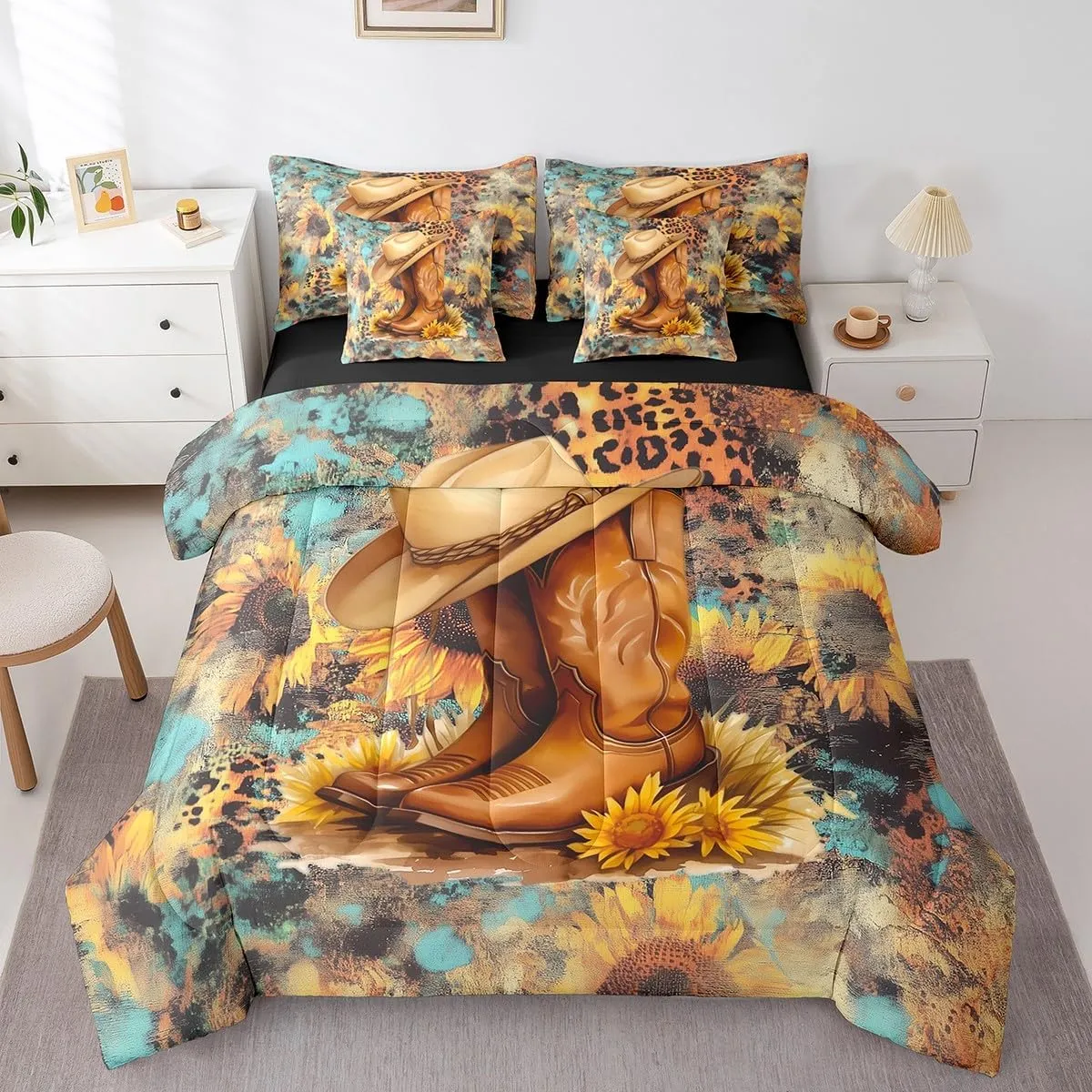 jejeloiu Western Decor Comforter Set with Sheets King Size Cowboy Hat Boots Bed in a Bag Set Southwest Native American Design 7 Pieces Bedding Set Boho Bed Set Teal Yellow