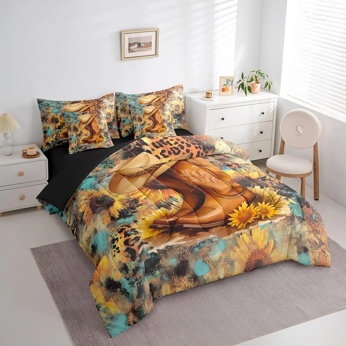 jejeloiu Western Decor Comforter Set with Sheets King Size Cowboy Hat Boots Bed in a Bag Set Southwest Native American Design 7 Pieces Bedding Set Boho Bed Set Teal Yellow