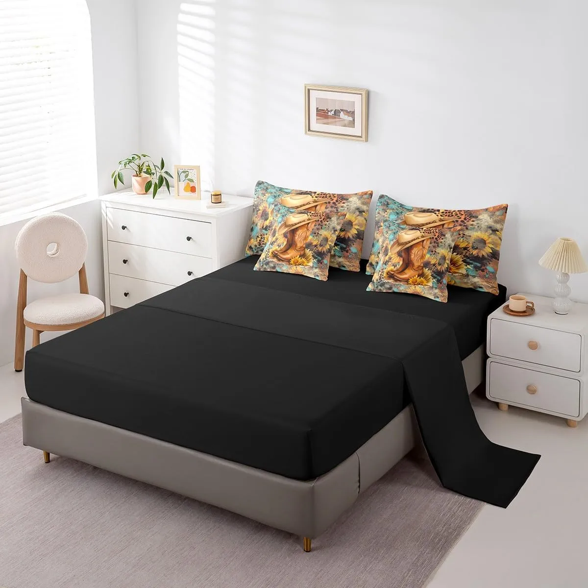 jejeloiu Western Decor Comforter Set with Sheets King Size Cowboy Hat Boots Bed in a Bag Set Southwest Native American Design 7 Pieces Bedding Set Boho Bed Set Teal Yellow